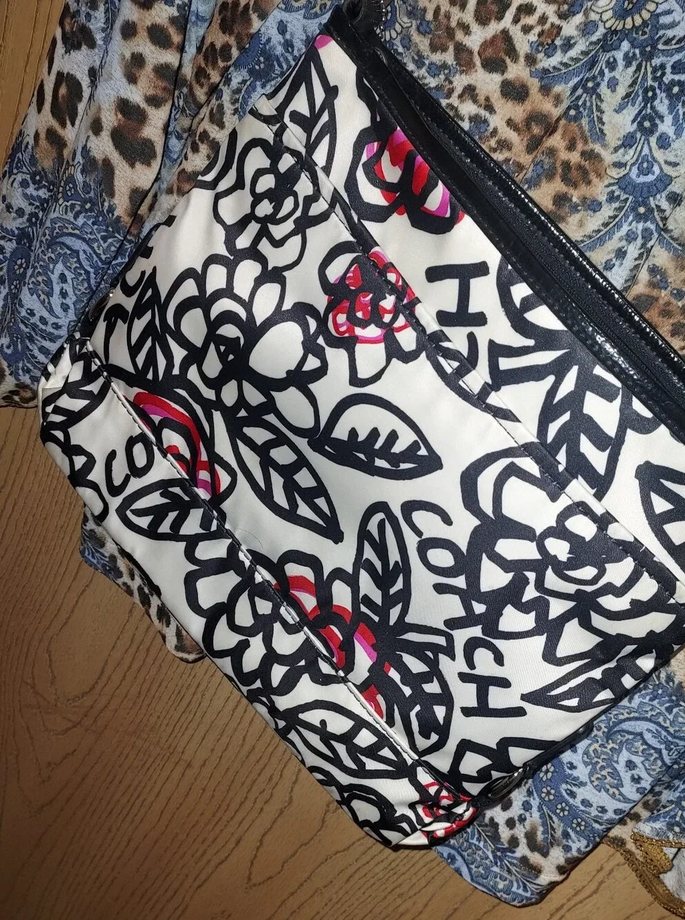 COACH White Crossbody Bag with Red Floral & Black Graphic Trim
